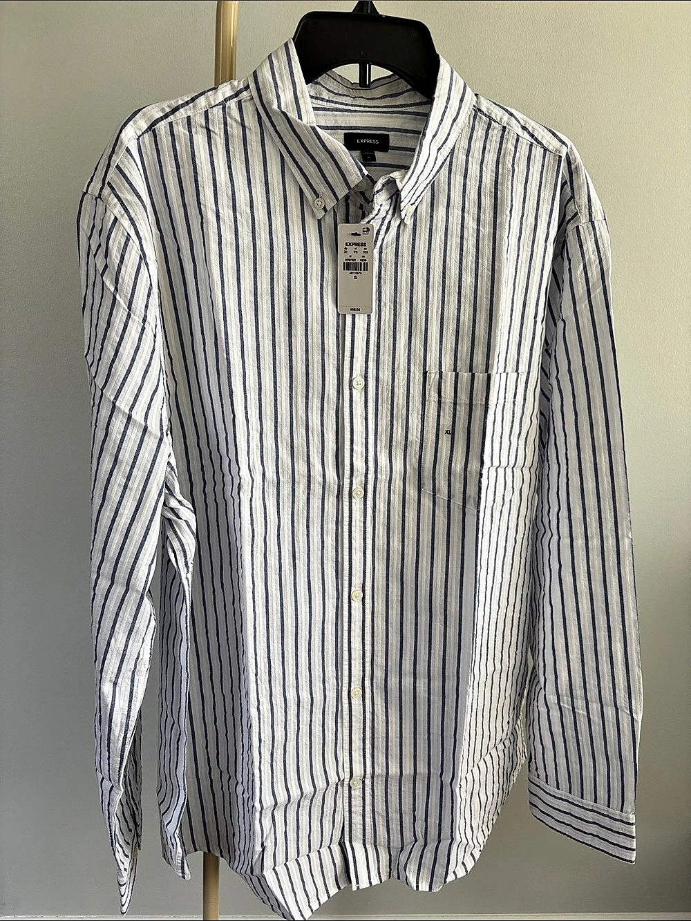 NWT Express Men's Blue White Striped Button Up Shirt XL